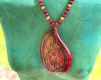 Vintage Asian signed 1980's Boutique Wood Paisley Pendant necklace, New old stock