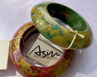 Vintage 1980's Boutique Wooden Abstract domed Bracelets Set signed Asian