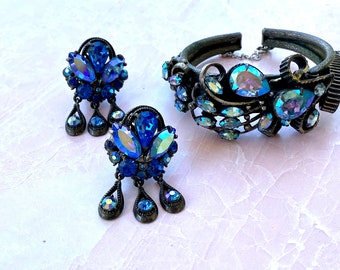Stunning Peacock Aurora Borealis Sapphire Clamper bracelet and Dangle Glass earrings
