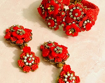 Stanley Hagler Original Vintage Beaded Bracelet with matching earrings, beautiful red coral glass