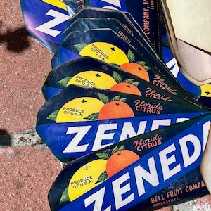Authentic Original Vintage Fruit Crate Label Zeneda Brand, Bell Fruit Company, Inc Brooksville, Florida Salvaged from Packing House Fire