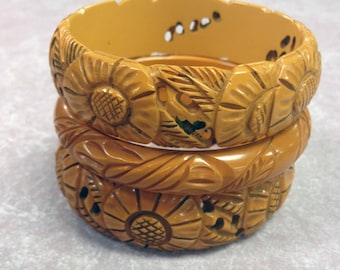 Intricately Carved Vintage Bakelite Bracelet Set