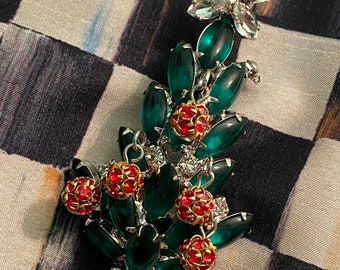 Chris Crouch Moans Couture Handmade Green Navettes Christmas Brooch with Red Rhinestone dangles