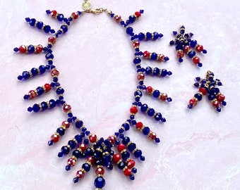 ANKA Fabulous Signed One of a Kind Necklace Vintage French Cobalt Blue and Red Beads Necklace and Earrings made in 1980's