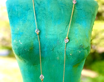 Rare Diane Von Fürstenberg Faceted Pink Crystal Lucite Heart Stations on Golden color chain necklace