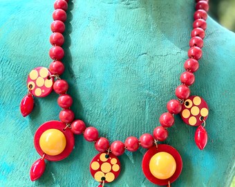 Rare Bakelite Dot Necklace with Cherry and Cream Corn injectd dot dangle  Beads