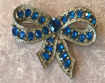 Blue Rhinestone Bow Unsigned Famous Maker, Popular Style