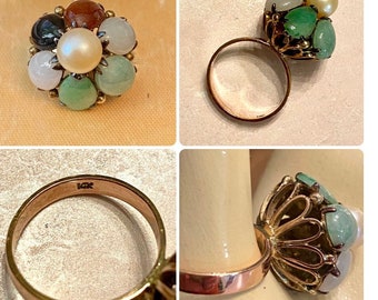 Rare Style Asian Princess Harem Ring 14K Gold, Multi Colored Jade and Pearl Very Vintage Chinoiserie Style