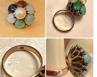 Rare Style Asian Princess Harem Ring 14K Gold, Multi Colored Jade and Pearl Very Vintage Chinoiserie Style