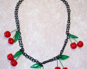 Cherry Necklace -  Contemporary Artisan Bakelite Utilizing Vintage Materials