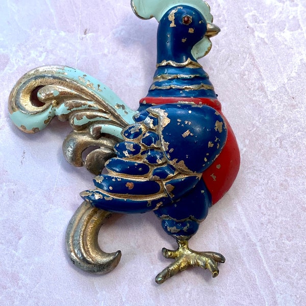 STARET after Castlecliff Fly-wing or Flapping Wing  Enamel Rooster pin Figural Brooch Pin Fur Clip