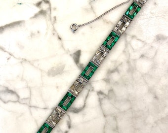 Gorgeous  Geometric Deco Signed Parisienne Emerald Rhinestone Baguette and Clear Sparkling  Rhinestone 1920's Bracelet