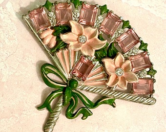 Coro Style Flower Fan with Bow Pink Pot Metal Brooch