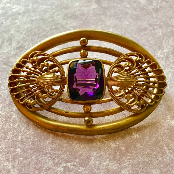 Wonderful Czech Sash Pin Brooch Amethyst Filigree