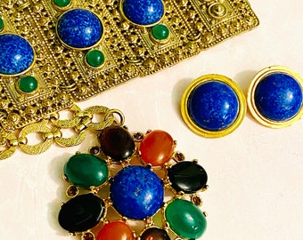 Simply Gorgeous Vintage Byzantine / Etruscan Style Revival Curated Parure with Simulated Lapis, Jade, Carnelian