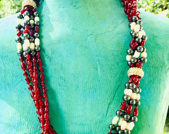 KENNETH JAY LANE Vintage K.J.L. Indian Influence Ruby Tahitian Pearl Moghul Marella Torsade necklace