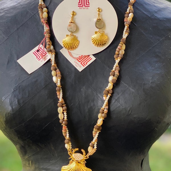 Simply Gorgeous Vintage LANVIN Paris  Shell Mother of Pearl, Spiny Oyster, Shell and Crab Necklace and Earring Set