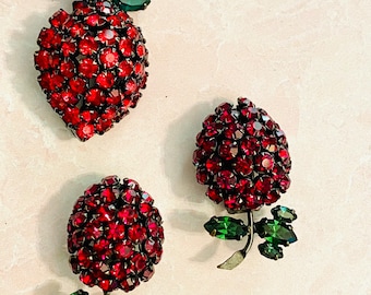 Early Unsigned Schreiner Fabulous Strawberry Fruit Earrings and Warner Strawberry Brooch Married Set