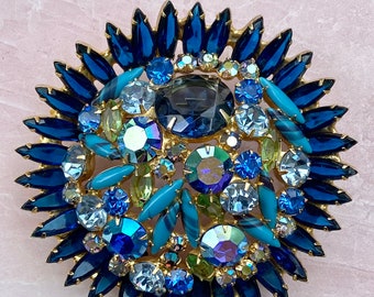 Huge Juliana Brooch Pin Dazzling Navettes Mixed Blues