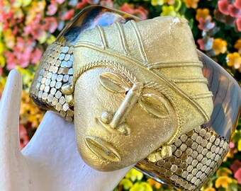 Diamonds and Rust Original Design Vintage Bracelet with Huge Metal Authentic African Mask