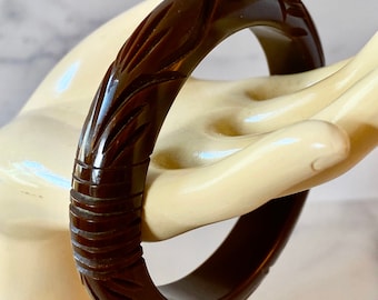 Foliate Carved Chocolate  Vintage Bakelite Bracelet