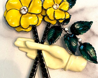 Huge Iris Apfel Style Icon Hand holding a bouquet of flowers  Brooch Pin