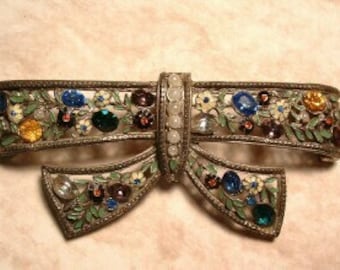 Unsigned Enamel and Rhinestone Bow Brooch, pearl accents