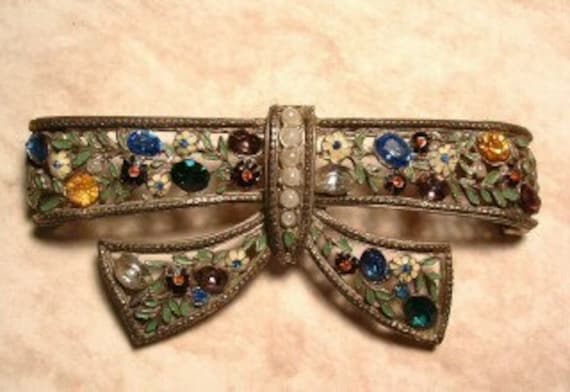 Unsigned Enamel and Rhinestone Bow Brooch, pearl … - image 1