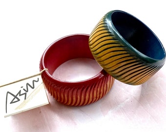 Vintage 1980's Boutique Wooden Abstract Carved Bracelets Set signed Asian 1985