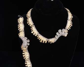 Trifari Wave Design Beautiful Gold and Pave Modern Parure,  Rare signed  set