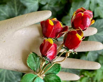 Unsigned Beautiful Enamel Rose Brooch 1960's