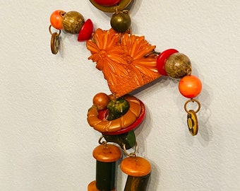 Jan Carlin  FigExtra Large Figural Cribtoy Style Brooch utilizing vintage Bakelite methods and  materials