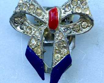 Amazing Jose Rodriguez Made in USA Star mark Patriotic Rhinestone Pave and Enamel Red White and Blue Bow Knot Dress Clip