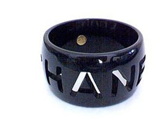 Big Black Vintage CHANEL  Bangle Bracelet  cut-out logo Designer Fashion