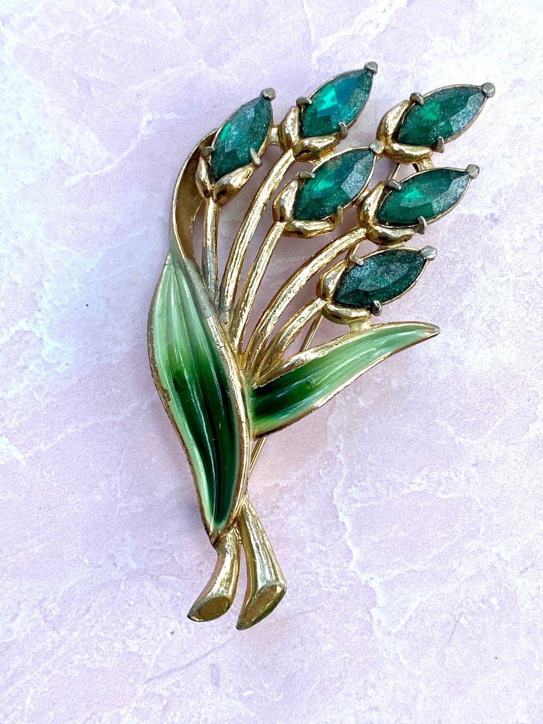 Signed Coro Gold Enamel Emerald Green Flower Brooch Pin - Etsy