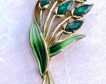 Signed Coro Gold  Enamel Emerald Green  Flower Brooch Pin