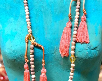 Vintage Valentino 1970's Wood and Silk Tassel  Necklace Set with matching Earrings