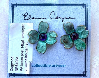 Vintage Elaine Coyne Verdigris Patina Dogwood Flower Earrings Collectible Artwear