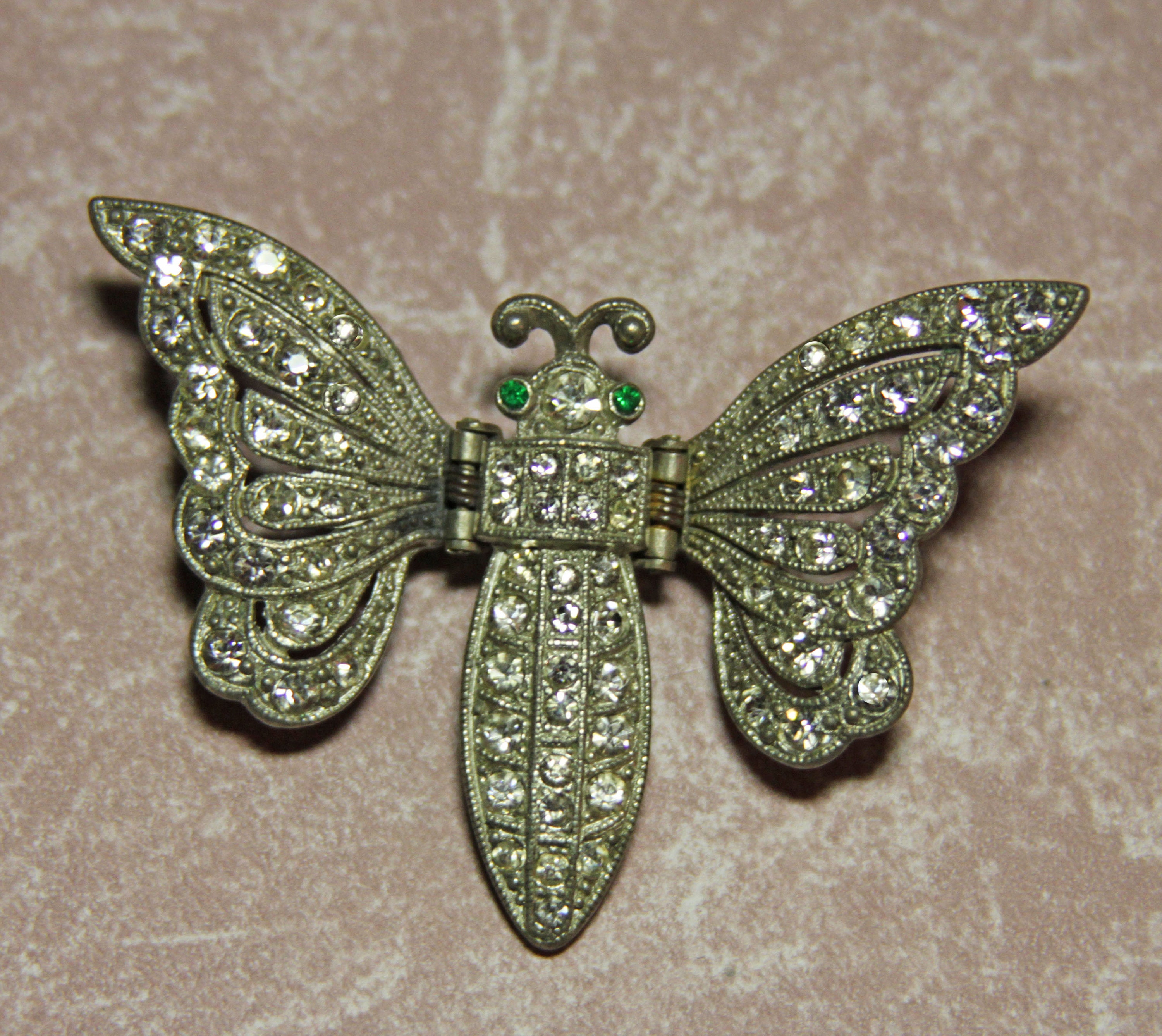 DeRosa Green Rhinestones Stylized Flower and Stamen Fur Clip in A Gold Plated Sterling Silver Setting