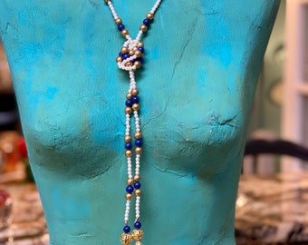 Vintage Valentino Lapis, Pearl and Gold Bead Lariat  Necklace