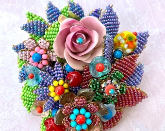 Stanley Hagler Original Vintage Beaded Floral Bouquet  Brooch with Ceramic Rose centerpiece