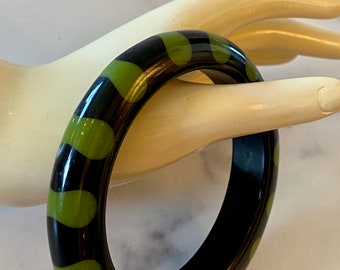 Bakelite Style Resin Bow Tie Bangles made by Bruce Pantti Limited Edition, Black background Green Dot