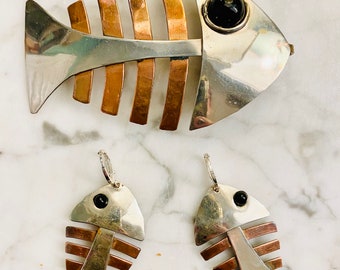 Artisan Unsigned Handmade Chrome and Copper Bone Fish Pendant and earrings, Really Cool