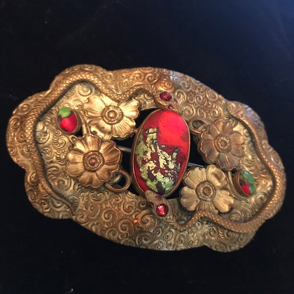 Neiger?  Czech Sash Brooch Snake with Flowers and Foiled Art Glass