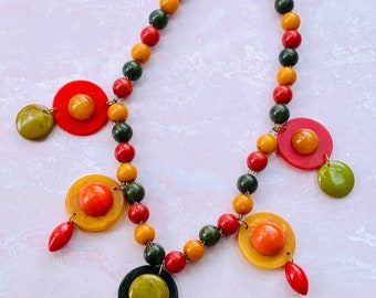 Super Cool Vintage Bakelite Chunky Dangle Necklace Multi-color Bakelite