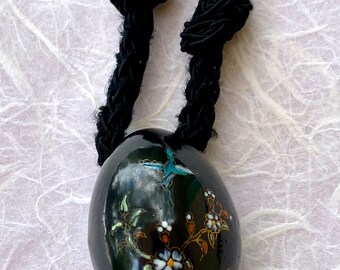 Beautiful Diane Von Fürstenberg Bone China Hand Painted Egg on Silk Cord