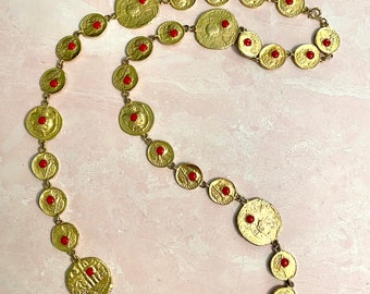 Unsigned Pauline Rader Greek Replica Coin necklace with Coral color stone insert