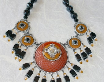 Moans Bakelite Couture Handmade Necklace and Earrings - Vintage Bakelite Components Belt buckle, Buttons