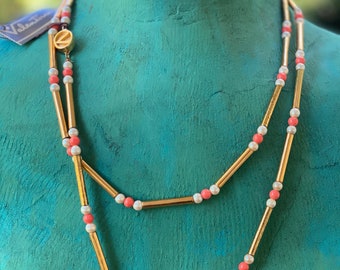 Vintage Valentino Fabulous 1970's Valentino Faux Coral, Pearls and gold tube bead necklace, 48 inches long