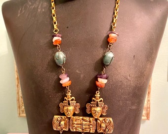 Rare Diane Von Furstenberg Totem Tiki Aztec Pendant Necklace and Earrings Natural Gem Stone